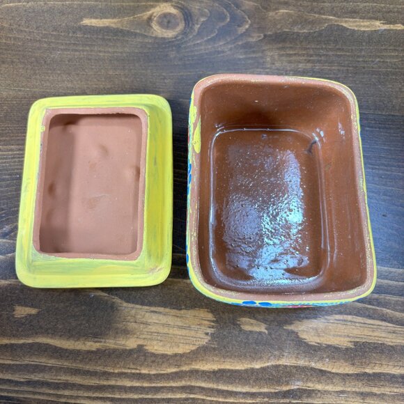 Vintage Terracotta Trinket Box Hand Painted Mexican Pottery Ceramic Keepsake Box - Picture 8 of 16